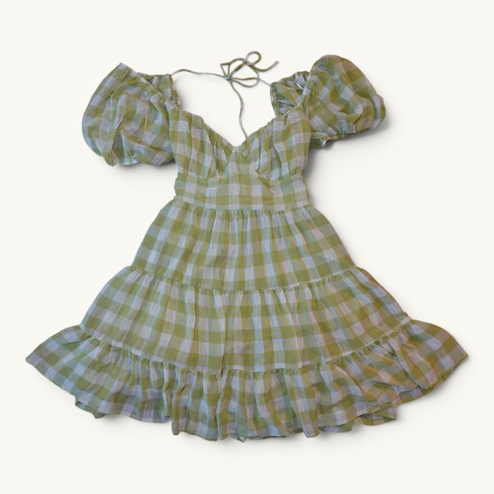Princess Polly Green Gingham Puff Sleeve Tiered Mini Dress Size 8